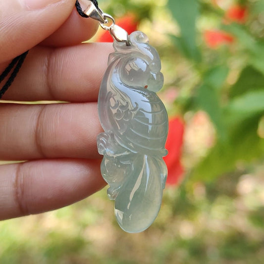 Premium Old Pit Rare Green Hue Icy Translucent Natural Type A Jadeite Jade crafted with Parrot as Pendant for the collectors, certificate weigh 6.25 grams, measurement 41.6 * 15.2 * 6.5 mm (pendant213) Yi Pin Qian