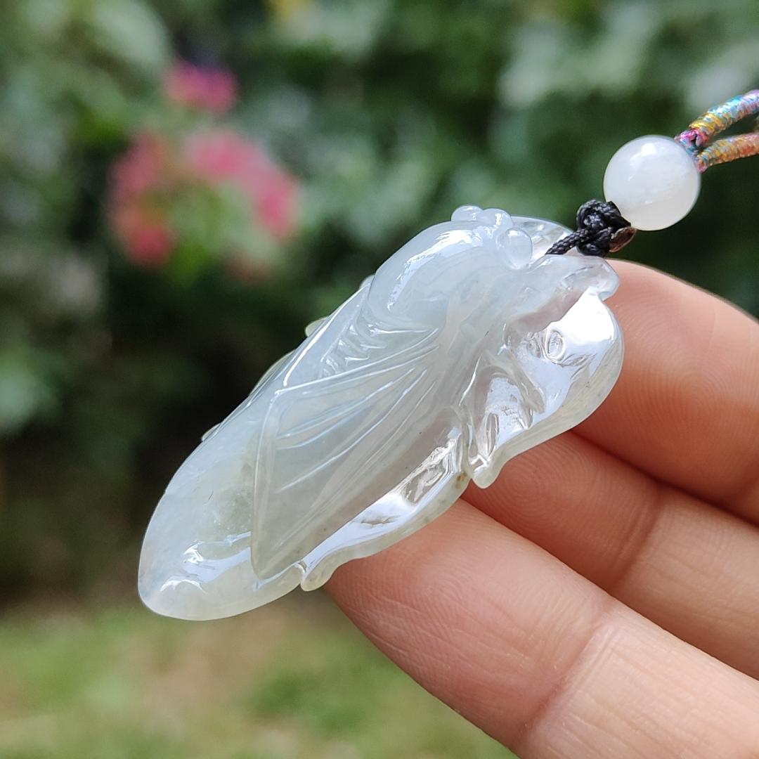 Crafted as cicada using Natural Type A Jadeite Jade as a Pendant Necklace with certificate weigh 9.25 grams, measurement 40.3 * 23.2 * 9.5 mm (pendant185) Yi Pin Qian