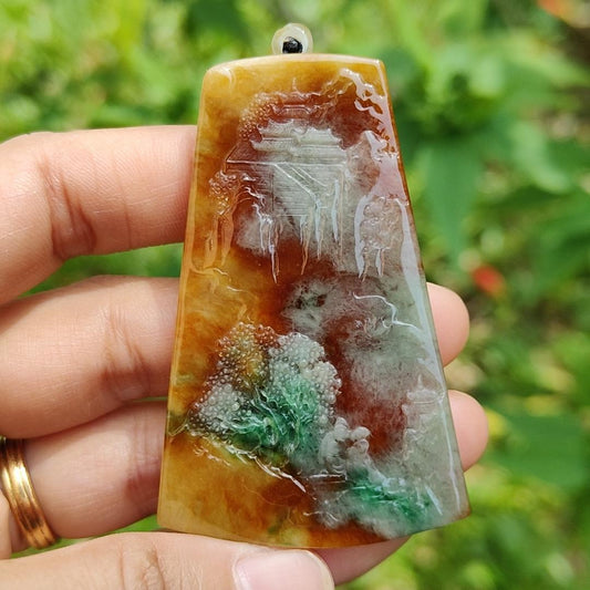 Very Rare Green, Red and Yellow Natural Type A Jadeite Jade Pendant Necklace with Sceneries, certificate included weigh 29.84 grams, measurement 61.6 * 39.7 * 5.8 mm (pendant183) Yi Pin Qian