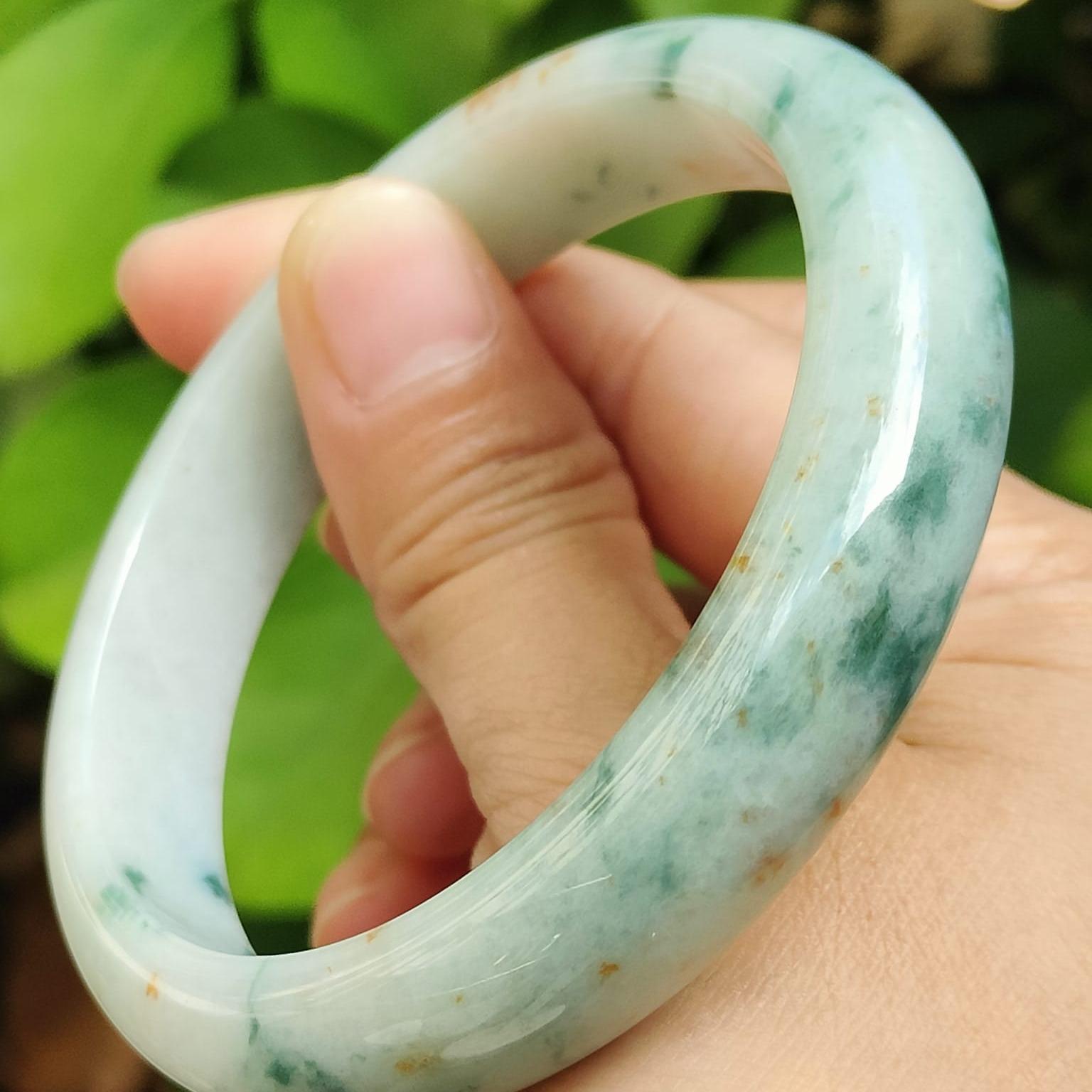 60.8 mm Light Green with Green Patches and Golden Yellow Patches Peace Bangle Natural Type A Jadeite Jade, certificate weighs 63.55 Width 13.5 Thickness 8mm (bangle29) Yi Pin Qian Jadeites Jade Jewelry ~Your Precious Quintessential ~ Singapore