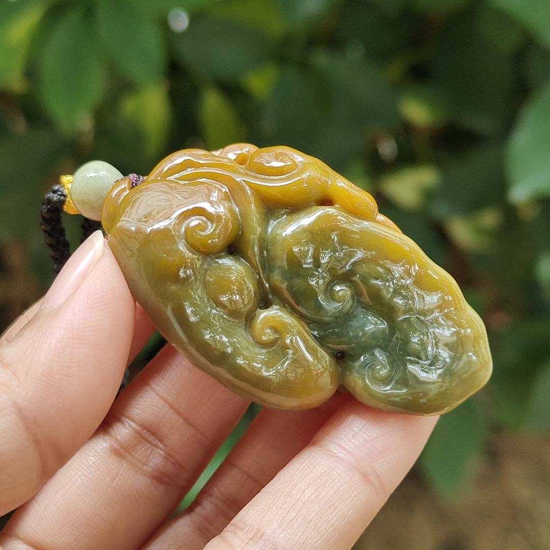 Latest Arrival in SG - Lots of Ruyi Crafted on Light Green Hue with Brown Natural Type A Jadeite Jade as Pendant, certificate weighs 35.21 grams, measurement 54.6 * 31.3 * 14.8 mm (pendant321) Yi Pin Qian Jadeites Jade Jewelry ~Your Precious Quintessential ~ Singapore