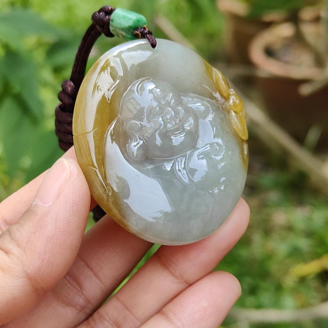Collectible Yellow with light green Natural Type A Jadeite Jade Pendant Necklace crafted as Milo Buddha, certificate included weigh 38.28 grams, measurement 48.7 * 42.8 * 11 mm (pendant184) Yi Pin Qian