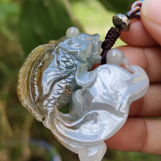 Round Sculpture Natural Type A Jadeite Pendant Necklace crafted as goldfish with light green and brown, symbols of Rich and auspicious, certificate included weigh 27.45 grams, 37.3 * 41.7 * 11.3 mm, very unique and rare for your collections (pendant33) Yi Pin Qian