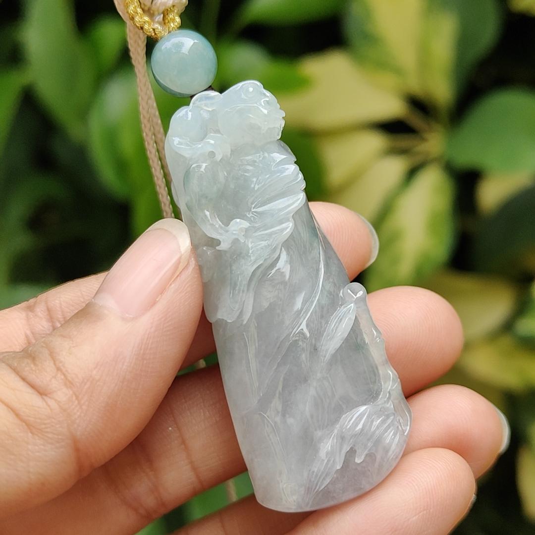 A Bamboo with Pixiu Crafted on Light Green Hue with Light Lavender Natural Type A Burmese Jadeite Jewellery certificate weighs 23.91 grams, measurement 50.3 * 20.6 * 12.8 mm (pendant 318) Yi Pin Qian Jadeites Jade Jewelry ~Your Precious Quintessential ~ Singapore