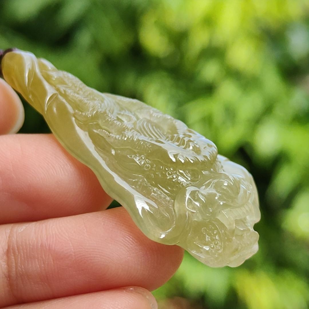 Premium Icy Yellow Natural Type A Jadeite Jade crafted with Dragon as Pendant certificate weighs 15.64 grams, measurement 50.6 * 27 * 11.5 mm (pendant253) Yi Pin Qian