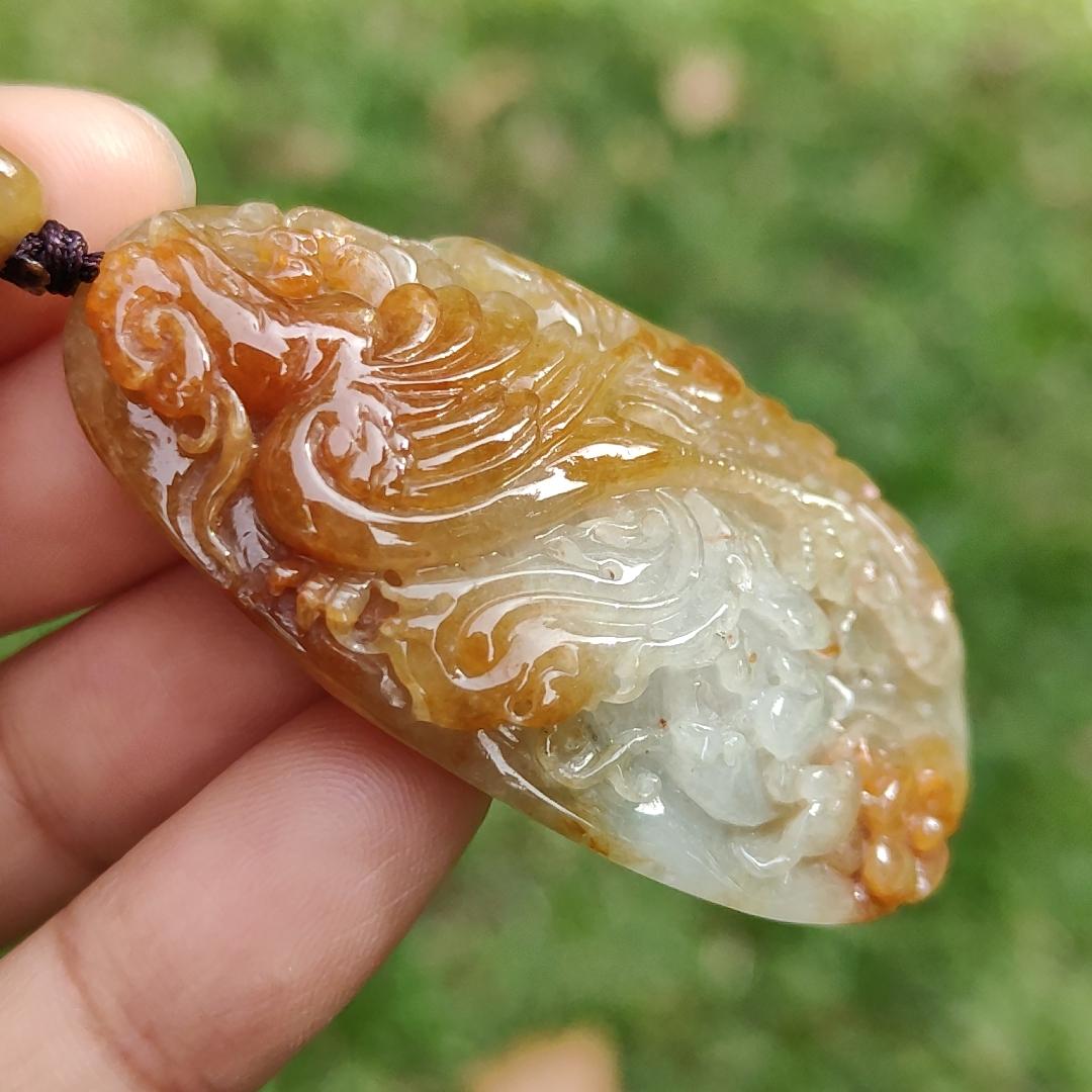 Rare Light Green with Red Natural Type A Jadeite Jade crafted as Phoenix to use as Pendant, certificate weighs 27.45 grams, measurement 52.3 * 28.5 * 12.5 mm (pendant279) Yi Pin Qian