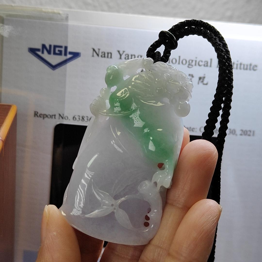 Dual Tone Bamboo with Kirin Natural Type A Jadeite Pendant with Gemstone report from NGI weighs at 253.32 grams , 60.70 * 33.75 * 12.81 mm , Translucent light lavender with light green patches pendant for your collections (pendant149) Yi Pin Qian