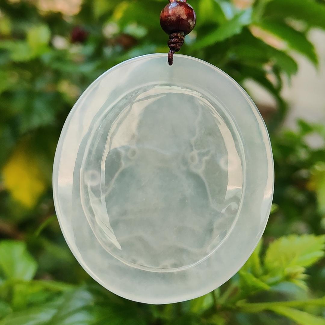 Very Rare High Translucent Icy Natural Type A Jadeite Pendant carved with Guanyin symbolizes compassion, mercy, healing, protection, purity, enlightenment, harmony, balance, and the feminine divine certificate weigh 19.62 g, 52.8 * 46.6 * 5 mm (pendant78) Yi Pin Qian
