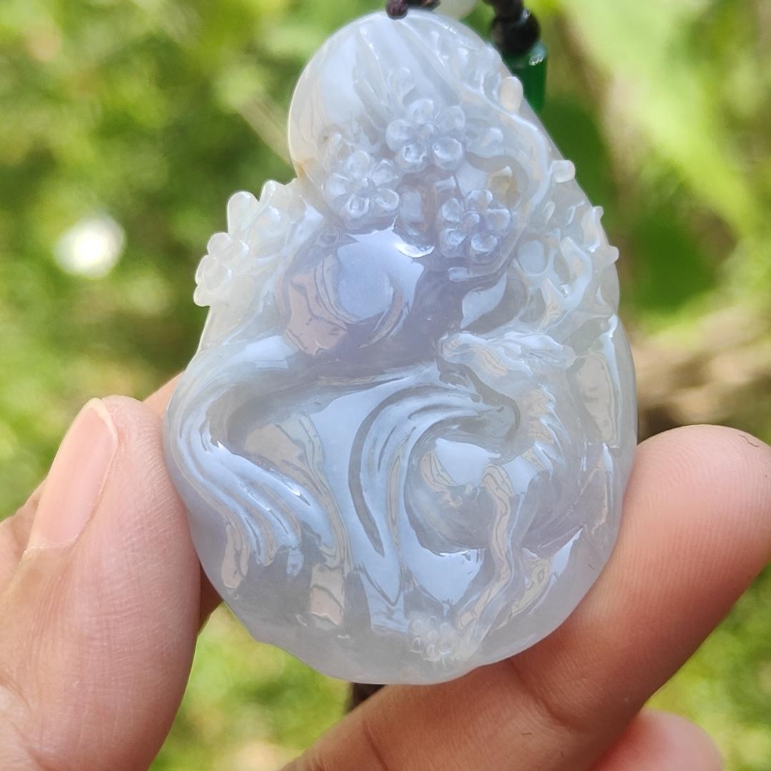 A Lavender with spread of brown and green patches Natural Type A Jadeite Jade Pendant Crafted with deer and flower, certificate weigh 24.4 grams, measurement 51.5 * 33.7 * 7.8 mm (pendant192)1 Yi Pin Qian