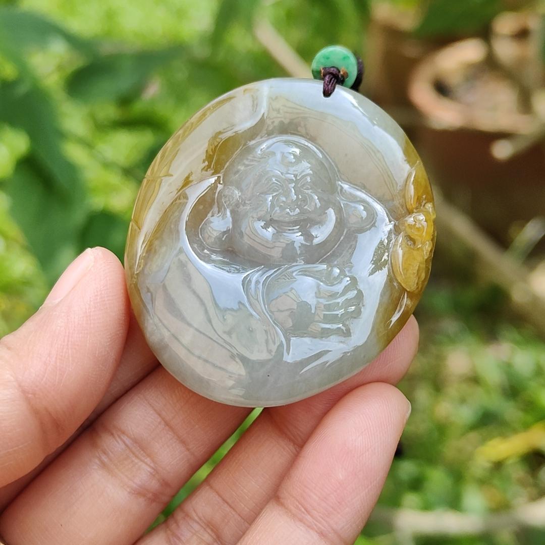 Collectible Yellow with light green Natural Type A Jadeite Jade Pendant Necklace crafted as Milo Buddha, certificate included weigh 38.28 grams, measurement 48.7 * 42.8 * 11 mm (pendant184) Yi Pin Qian