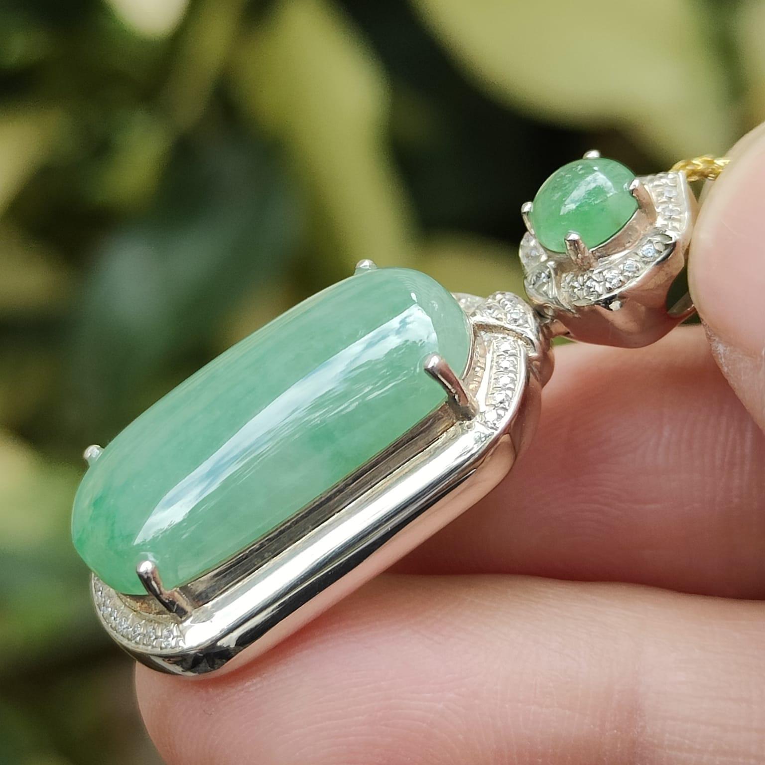 High Quality Rare Green Cabochons on Natural Type A Jadeite Jade set with S925 as Pendant, certificate weighs 5.44 grams, measurement 34.2 * 13.3 * 9.1 mm (s925p4) Yi Pin Qian Jadeites Jade Jewelry ~Your Precious Quintessential ~ Singapore
