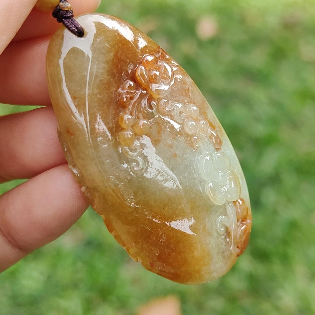 Rare Light Green with Red Natural Type A Jadeite Jade crafted as Phoenix to use as Pendant, certificate weighs 27.45 grams, measurement 52.3 * 28.5 * 12.5 mm (pendant279) Yi Pin Qian