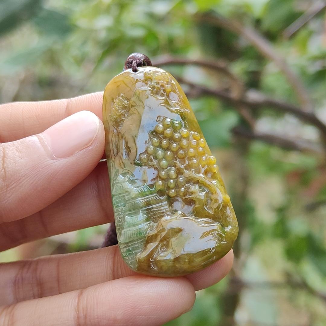 Rare quality Yellow with reddish brown and green Natural Type A Jadeite Jade crafted with sceneries as pendant, certificate weigh 11.38 grams, measurement 45.6 * 24.3 * 5.2 mm (pendant216) Yi Pin Qian