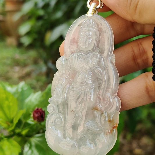 Super Rare Highly Translucent Icy Variety, Hugh Old Mine with Specify Gravity at 3.34 Natural Type A Jadeite pendant, NGI Gemstone report weight 158.06 grams, 72.76 * 37.43 * 7.26 mm, Carved as Guanyin colorless with patches of brown, (pendant128) Yi Pin Qian