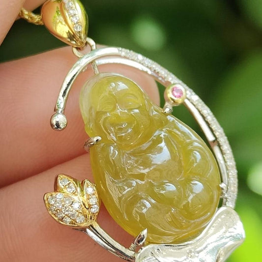 Metal & Earth Harmony - 18K Gold Set Laughing Buddha Jade Pendant (Sku: 18kp115) Yi Pin Qian Jadeites Jade Jewelry ~Your Precious Quintessential ~ Singapore