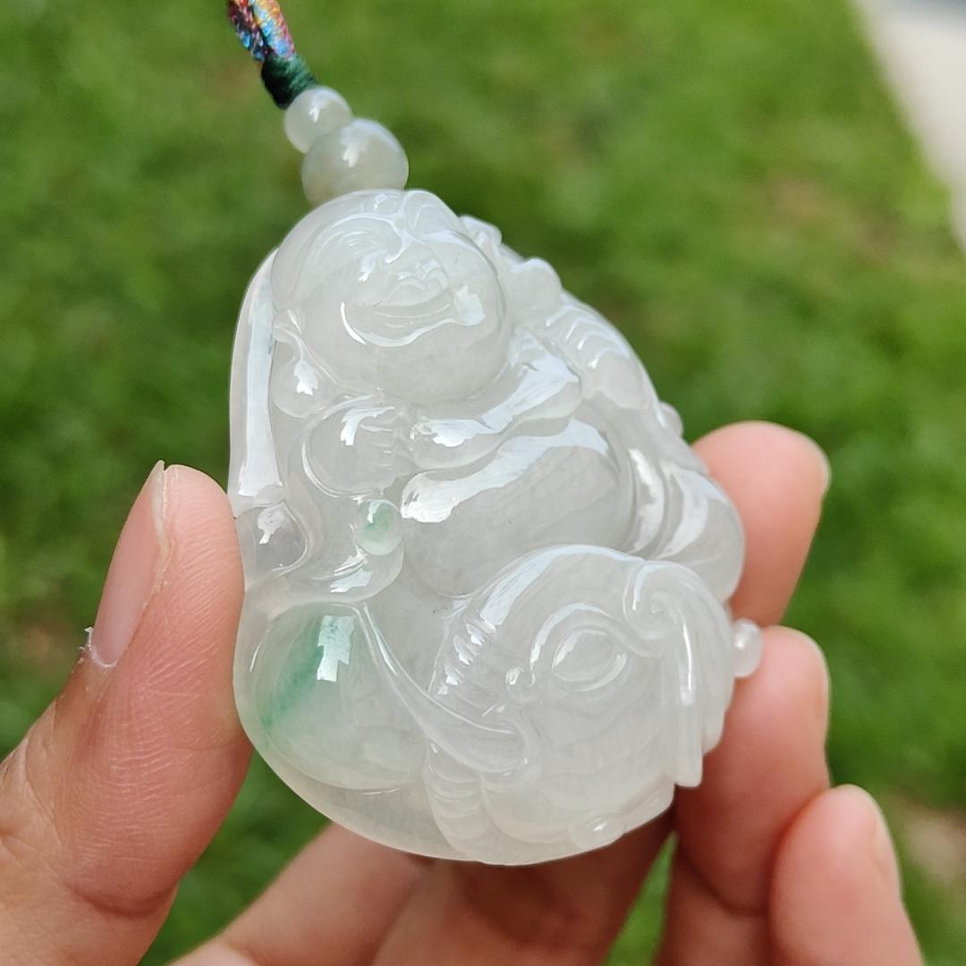 Crafted with Budai Laughing Buddha, Elephant and Ruyi Premium Semi Icy Natural Type A Jadeite with green patches Pendant Necklace with certificate weigh 45.38 grams, 50.5 * 44 * 12.3 mm (pendant160) Yi Pin Qian