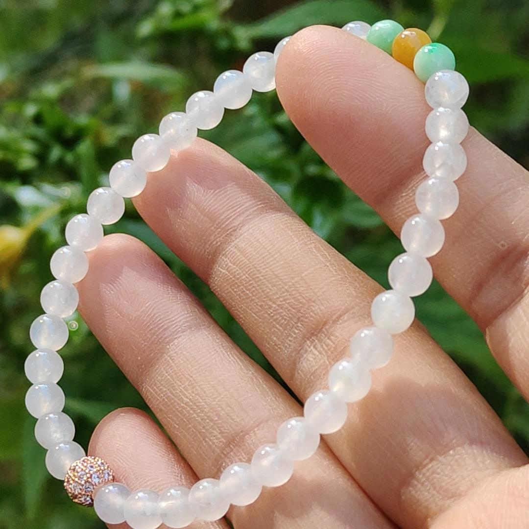 Icy Translucent beads, mix with 2 green 1 yellow Natural Type A Jadeite Bracelet, total of 38 beads with QIC labs approved certificate weigh 8.43 grams, measurement 4.8 mm, a stunning collection for your daily wear (bracelet3) Yi Pin Qian
