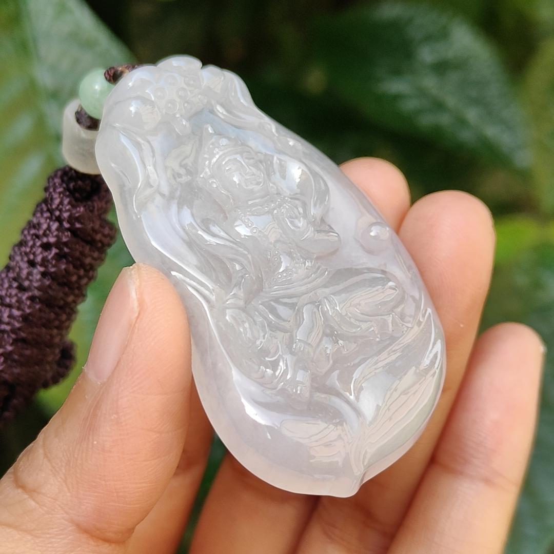 Semi Icy Rare Old School Natural Type A Jadeite Jade Pendant Necklace crafted as Manjushri Bodhisattva without Mount with certificate weigh 25.28 grams, 58 * 33.2 * 7.3 mm (pendant167) Yi Pin Qian
