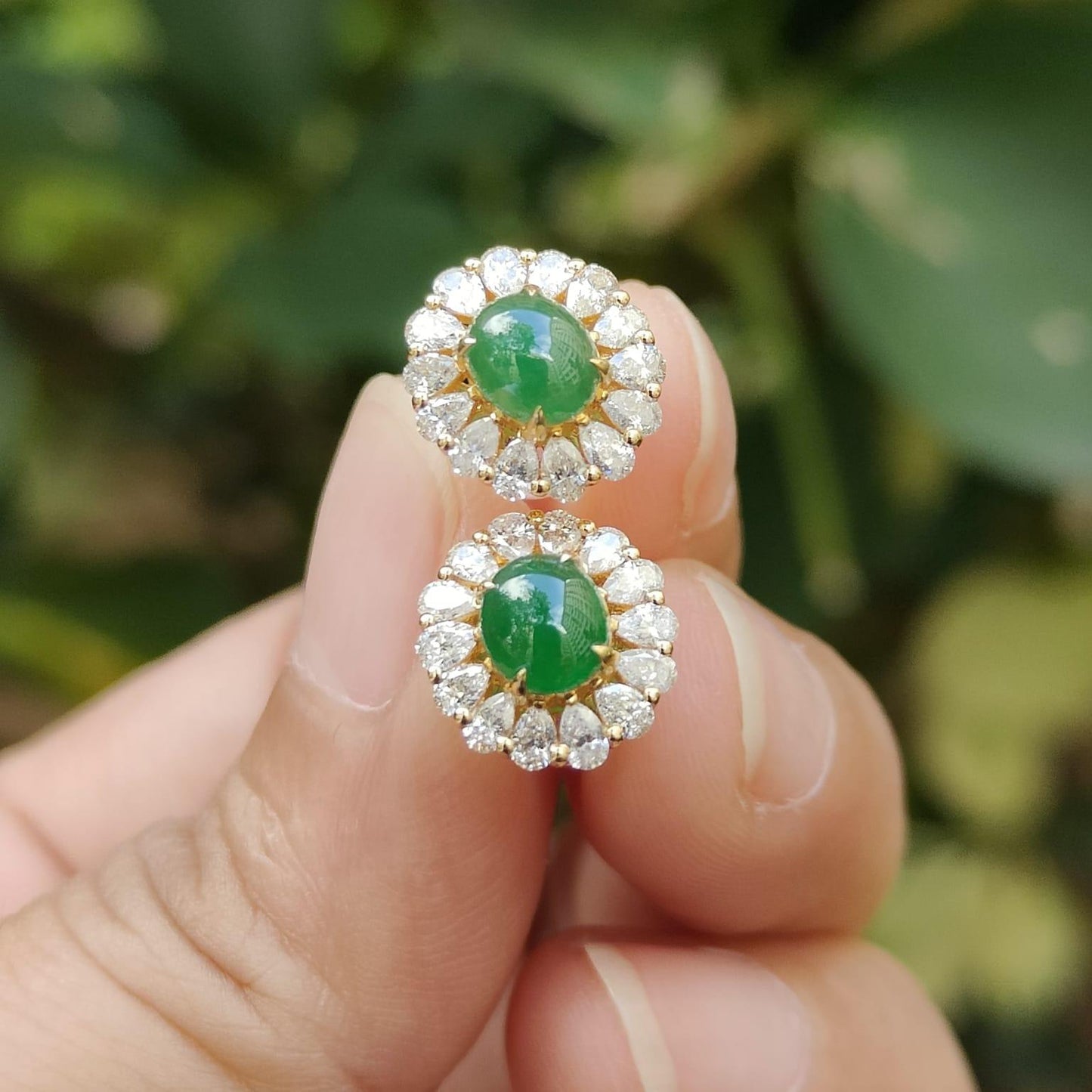 Latest New Arrival Premium High-Quality Pair of Green Cabochons Stud Earrings set on 18k gold on Natural Type A Jadeite Jade certificate weighs 2.19 grams (18kp03) Yi Pin Qian Jadeites Jade Jewelry ~Your Precious Quintessential ~ Singapore