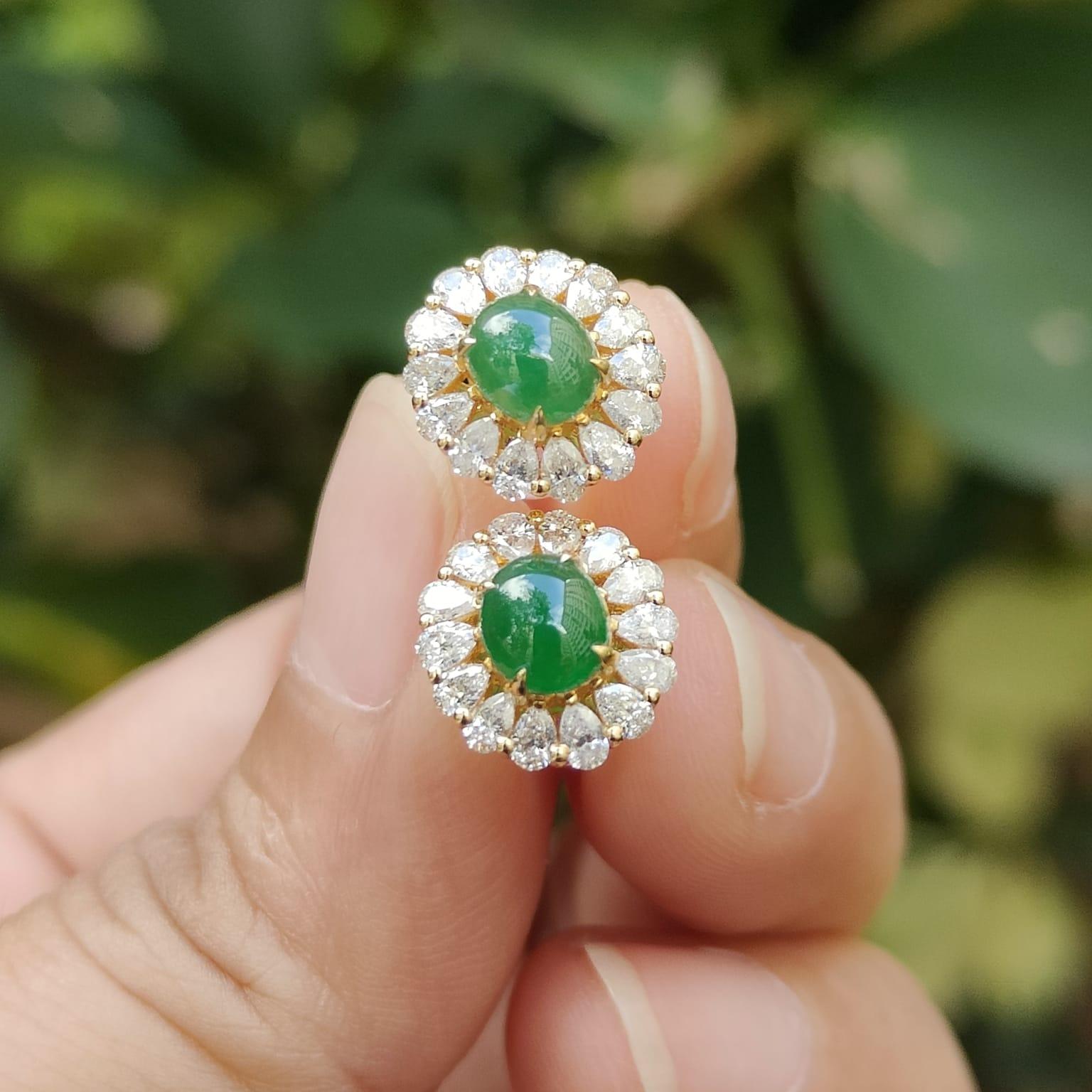 Latest New Arrival Premium High-Quality Pair of Green Cabochons Stud Earrings set on 18k gold on Natural Type A Jadeite Jade certificate weighs 2.19 grams (18kp03) Yi Pin Qian Jadeites Jade Jewelry ~Your Precious Quintessential ~ Singapore