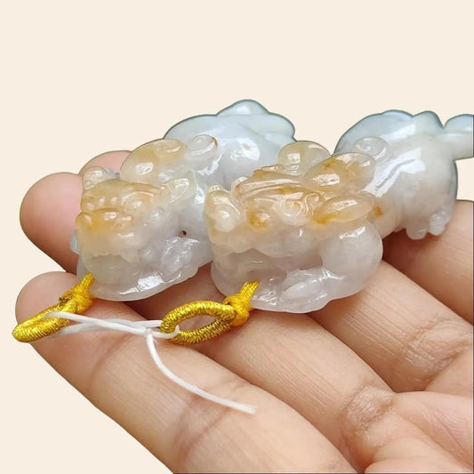 Sales - High Quality Pair of White, Yellow Natural Type A Jadeite Jade crafted as Pixiu for Pendant, certificate weighs 24.25 / 19.87 grams, measurements 50 * 21.3 * 14.1 / 47 * 20.6 * 13.6 mm (pendant292) Yi Pin Qian