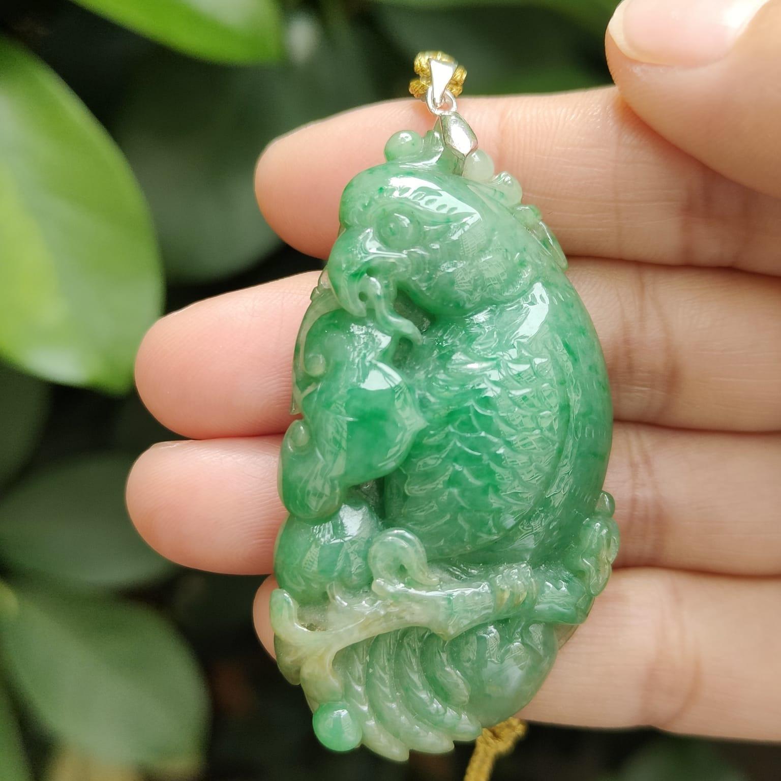 Green Natural Type A Jadeite Jade crafted with Parrot with Ruyi and Coin as Pendant, ceritificate weighs 22.55 grams, measurement 54.6 * 30 * 9.2 mm (pendant332) Yi Pin Qian Jadeites Jade Jewelry ~Your Precious Quintessential ~ Singapore