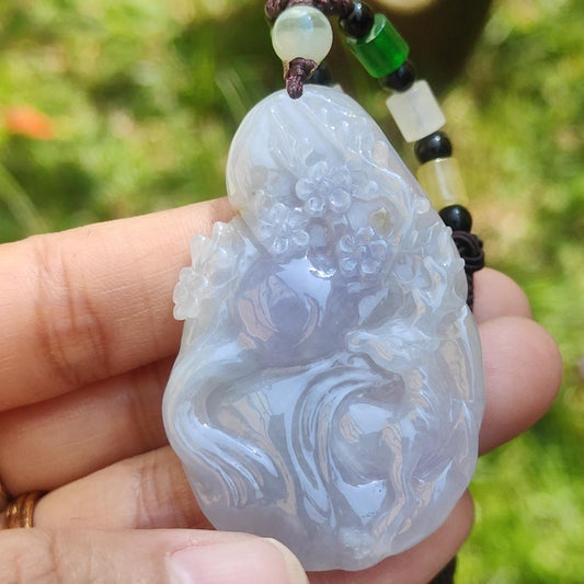 A Lavender with spread of brown and green patches Natural Type A Jadeite Jade Pendant Crafted with deer and flower, certificate weigh 24.4 grams, measurement 51.5 * 33.7 * 7.8 mm (pendant192)1 Yi Pin Qian