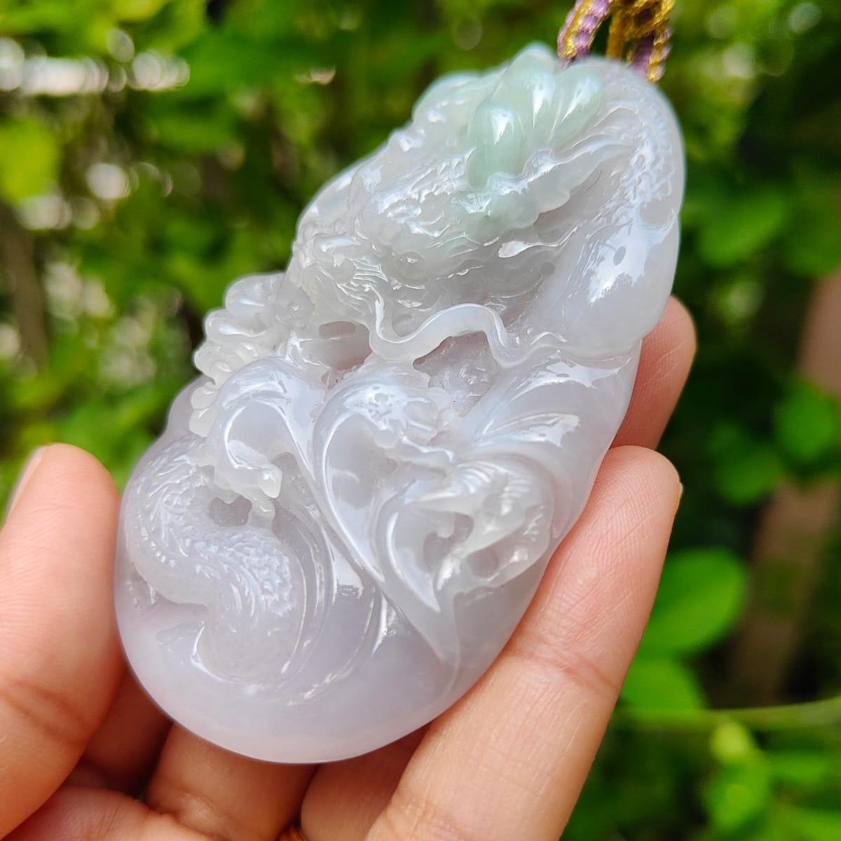 Hugh Dragon #2 Crafted on Natural Type A Jadeite Jade as Pendant, certificate weighs 88.3 grams, measurement 74 * 44.2 * 17 mm (pendant365)