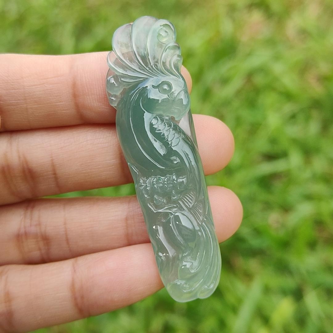 Semi Icy Good Translucency Green Natural Type A Jadeite Pendant Necklace crafted as the parrot, symbols of Wise and brave, heroic and mighty, with certificate weigh 10.82 grams, 57.8 * 16.3 * 7.1 mm (pendant24) Yi Pin Qian