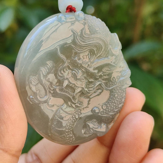 Light green with Brown fine quality Natural Type A Jadeite Pendant carved with dragon meaning wisdom, Auspiciousness, strength and independence with certificate weigh 41.21 grams, 46 * 40.60 * 10.80 mm, very suitable for daily wear (pendant91) Yi Pin Qian