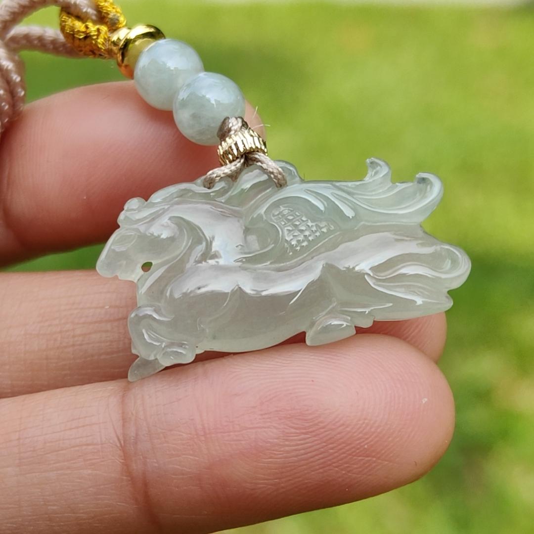 Icy with light green base Natural Type A Jadeite Pendant Necklace crafted as Flying Horse symbols of Good luck is coming soon, Longma spirit with QIC approved certificate weigh 4.55 grams, 15.6 * 28 * 6.3 mm (pendant65) Yi Pin Qian