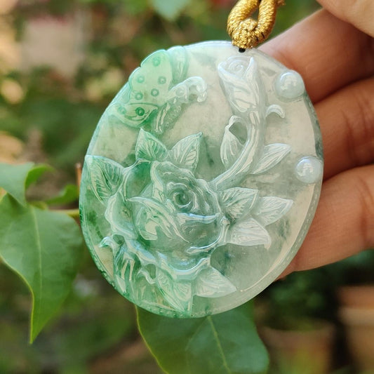 Green with green patches Natural Type A Jadeite Pendant carved with Butterfly and flowers represents Sweet Love with happy marriage, wealthy with flowers blooming and mutual love, certificate weigh 26.02 g, 49.3 * 40.6 * 6.8 mm (pendant84) Yi Pin Qian