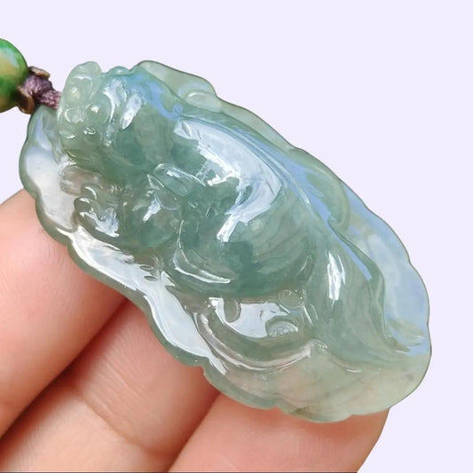 Green Natural Type A Jadeite Jade crafted with Pixiu as Pendant, certificate weighs 12.84 grams, measurement 40 * 23.8 * 10 mm (pendant251) Yi Pin Qian