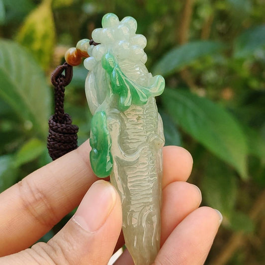With Green and Light Green Ginseng Ruyi Natural Type A Jadeite pendant come with certificate weight 40.59 grams, 72.30 * 24.80 * 20 mm meaning Auspicious, representing good luck, happiness, joy, and wealth boosting you wearing it (pendant97) Yi Pin Qian