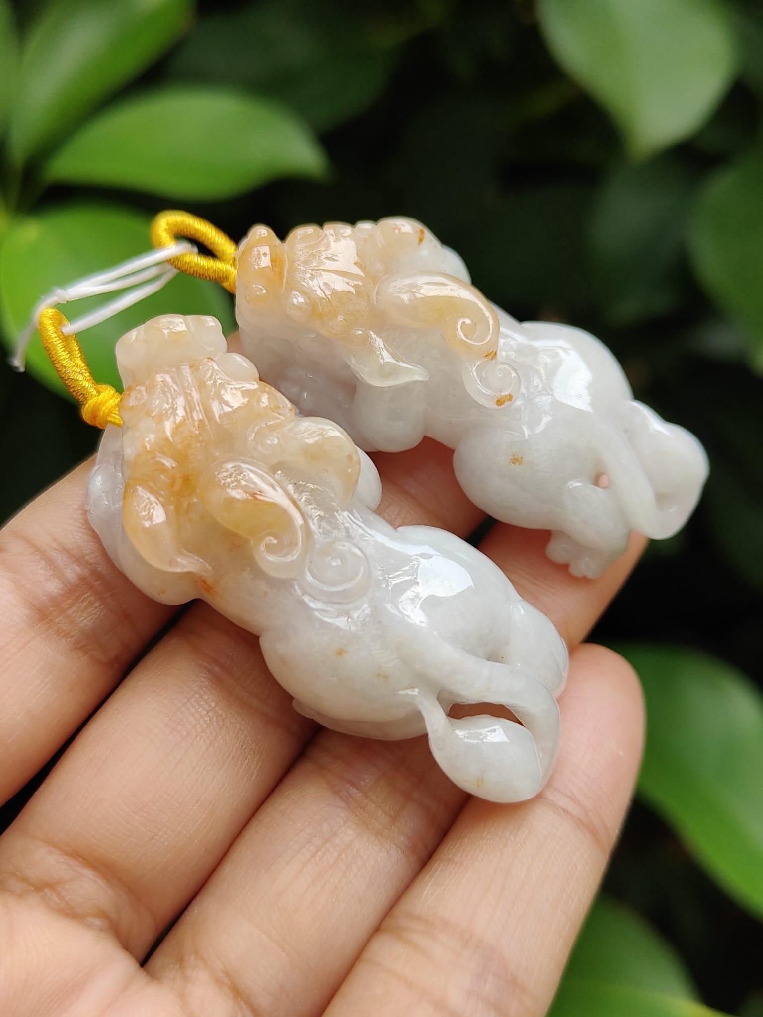 Sales - High Quality Pair of White, Yellow Natural Type A Jadeite Jade crafted as Pixiu for Pendant, certificate weighs 24.25 / 19.87 grams, measurements 50 * 21.3 * 14.1 / 47 * 20.6 * 13.6 mm (pendant292) Yi Pin Qian
