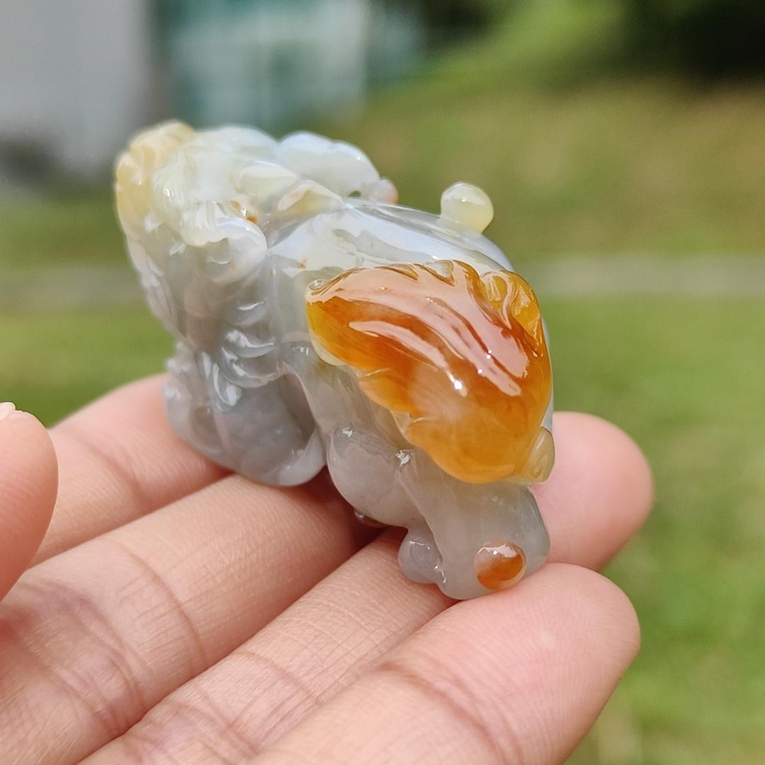 Super Rare Reddish,Yellow abd Tea Green Premium Quality Natural Type A Jadeite Jade crafted with Pixiu as Pendant with certificate weigh 34.14 grams, measurement 45.2 * 19.5 * 22.1 mm (pendant221) Yi Pin Qian