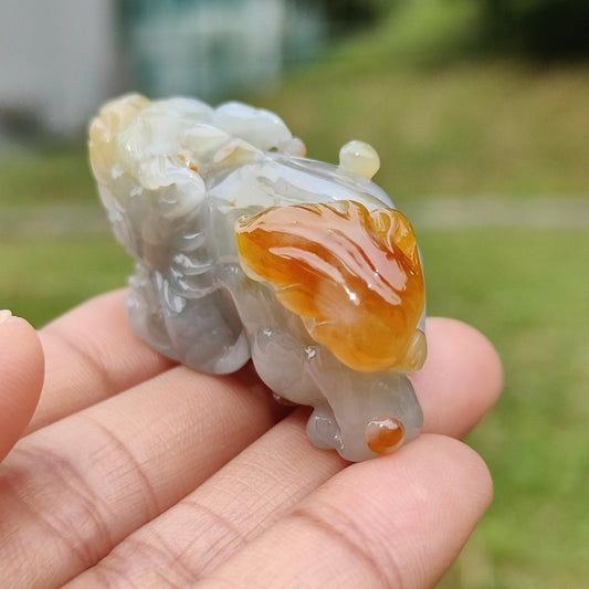 Super Rare Reddish,Yellow abd Tea Green Premium Quality Natural Type A Jadeite Jade crafted with Pixiu as Pendant with certificate weigh 34.14 grams, measurement 45.2 * 19.5 * 22.1 mm (pendant221) Yi Pin Qian