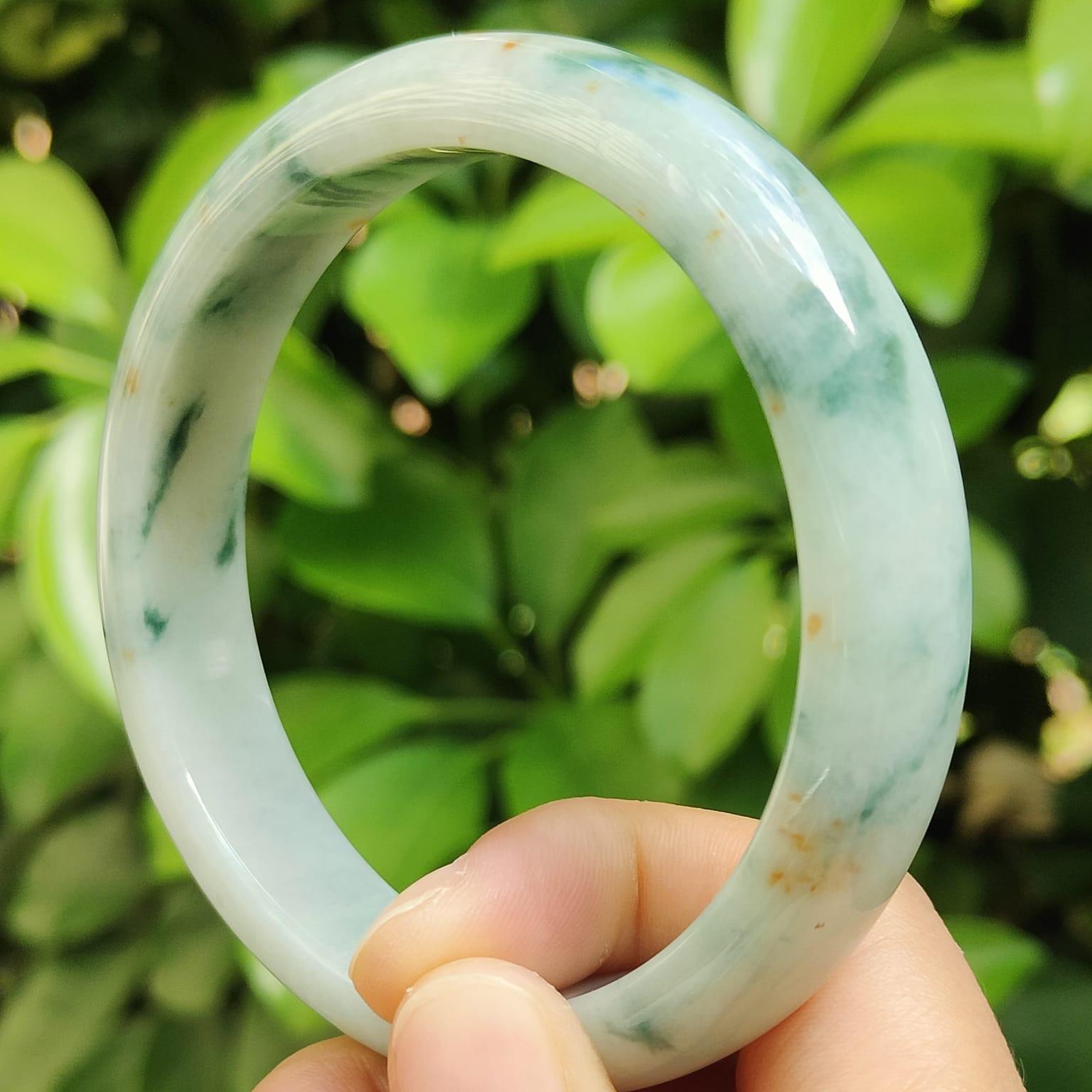 60.8 mm Light Green with Green Patches and Golden Yellow Patches Peace Bangle Natural Type A Jadeite Jade, certificate weighs 63.55 Width 13.5 Thickness 8mm (bangle29) Yi Pin Qian Jadeites Jade Jewelry ~Your Precious Quintessential ~ Singapore
