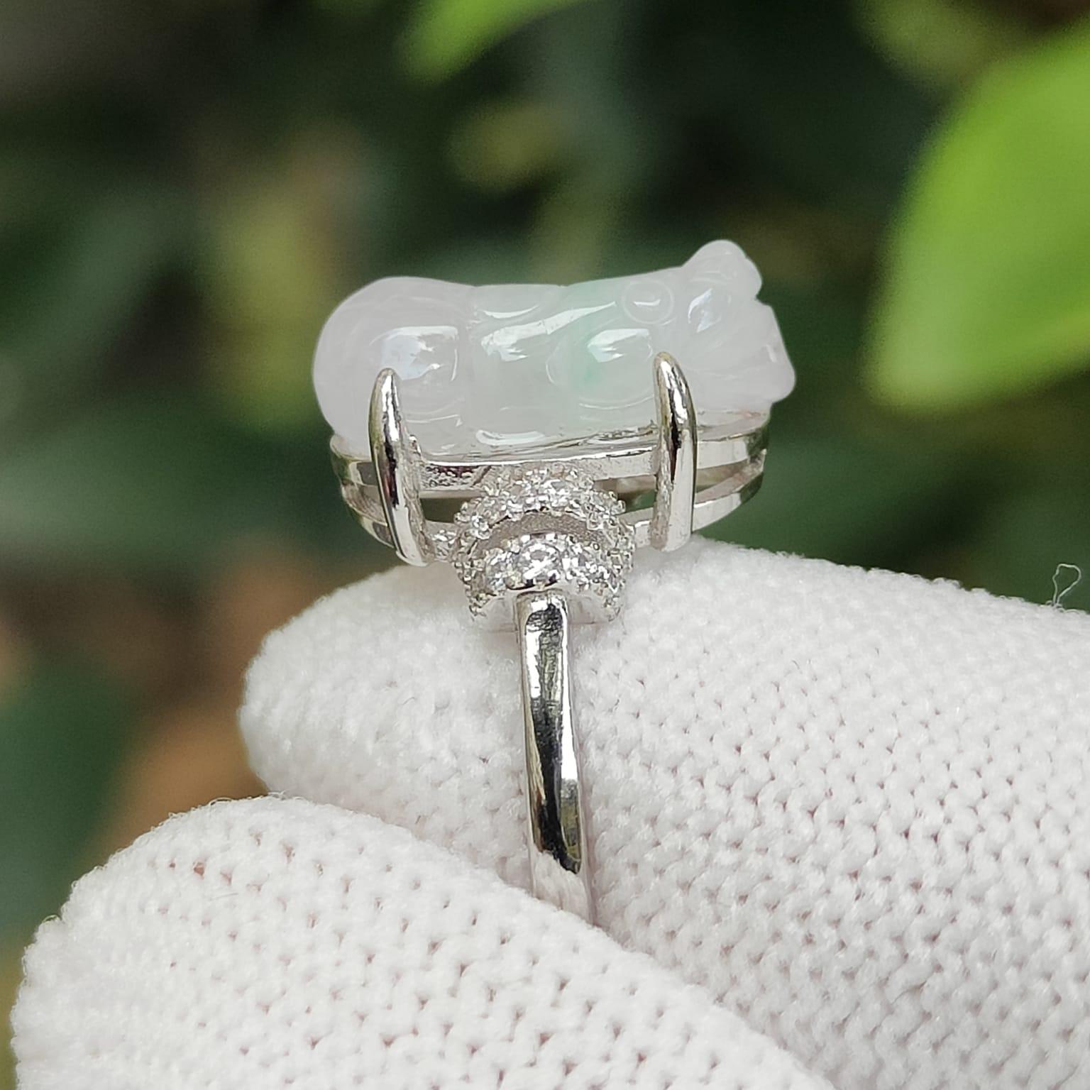 Crafted as Pixiu on Lavender with Green Natural Type A Jadeite Jade set on S925 as adjustable Ring certificate weighs 2.65 grams, measurement 14 * 6.7 * 5.4 mm (s925ring28) Yi Pin Qian Jadeites Jade Jewelry ~Your Precious Quintessential ~ Singapore