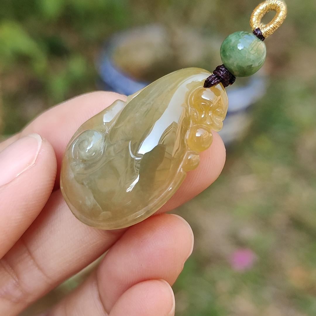 Rare Yellow Natural Type A Jadeite Jade crafted with Dragon Playing with Pearls as Pendant, certificate weigh 6.33 grams, measurement 32 * 21 * 6.5 mm (pendant217) Yi Pin Qian