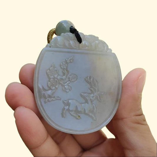 Crafted with Plum Blossoms and Deer Natural Type A Jadeite Pendant Necklace with certificate included weigh 34.14 grams, 54.3 * 47.5 * 5.6 mm,symbols of Good fortune, beauty and happiness (pendant105) Yi Pin Qian