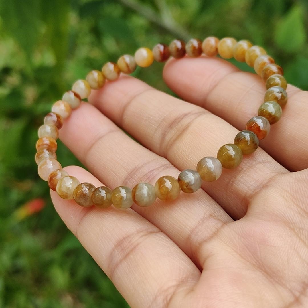 Elegant and Good Quality 5.3mm Icy Yellow, Red, Brown Natural Type A Jadeite Jade 36 Beads Bracelet with QIC labs approved certificate weigh 8.76 grams (bracelet13) Yi Pin Qian