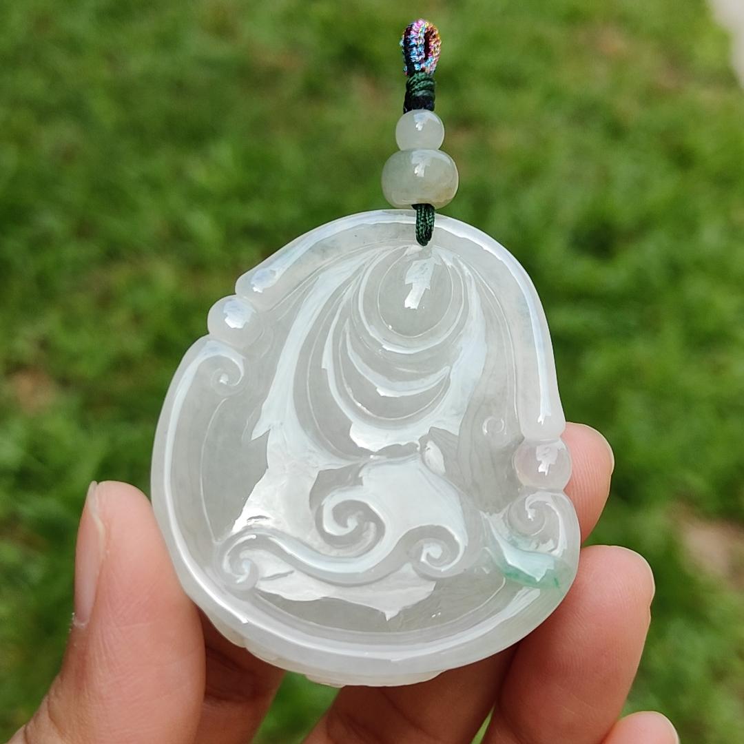 Crafted with Budai Laughing Buddha, Elephant and Ruyi Premium Semi Icy Natural Type A Jadeite with green patches Pendant Necklace with certificate weigh 45.38 grams, 50.5 * 44 * 12.3 mm (pendant160) Yi Pin Qian