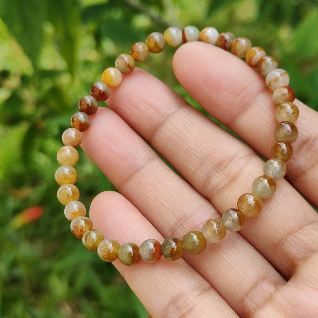 Elegant and Good Quality 5.3mm Icy Yellow, Red, Brown Natural Type A Jadeite Jade 36 Beads Bracelet with QIC labs approved certificate weigh 8.76 grams (bracelet13) Yi Pin Qian