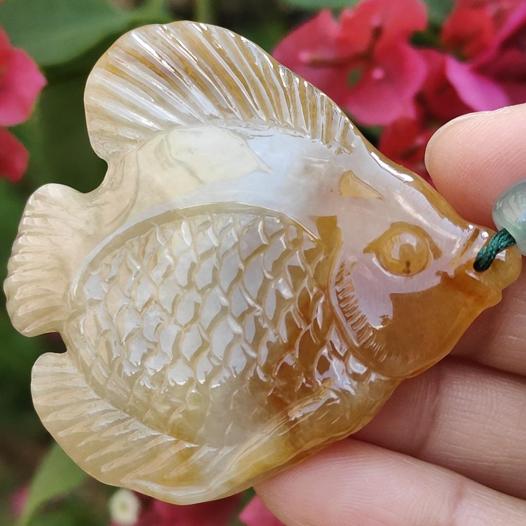 Yellow Natural Type A Jadeite Pendant carved as Fish with certificate weigh 28.33 grams, 55 * 50.2 * 7 mm, meaning Many sons and many blessings, full of children and grandchildren and Life is harmonious and smooth,free from worries and sorrows (pendant77) Yi Pin Qian