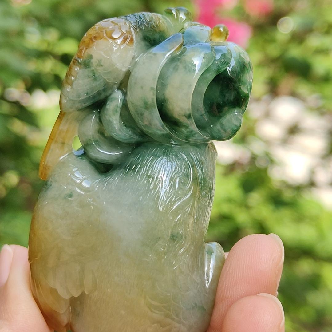 Super Rare Multi Tones Collectible Natural Type A Jadeite Jade crafted with Parrot for Handheld, certificate weighs 121.86 grams, measurement 76 * 42.5 * 34.3 mm (hand7) Yi Pin Qian