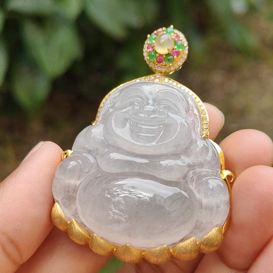 Premium Icy Translucent Natural Type A Jadeite Jade crafted as Milo Buddha set on 18k gold with diamonds as Pendant, certificate weighs 26.07 grams, measurement 38.8 * 40 * 7.2 mm, (18kp41) Yi Pin Qian