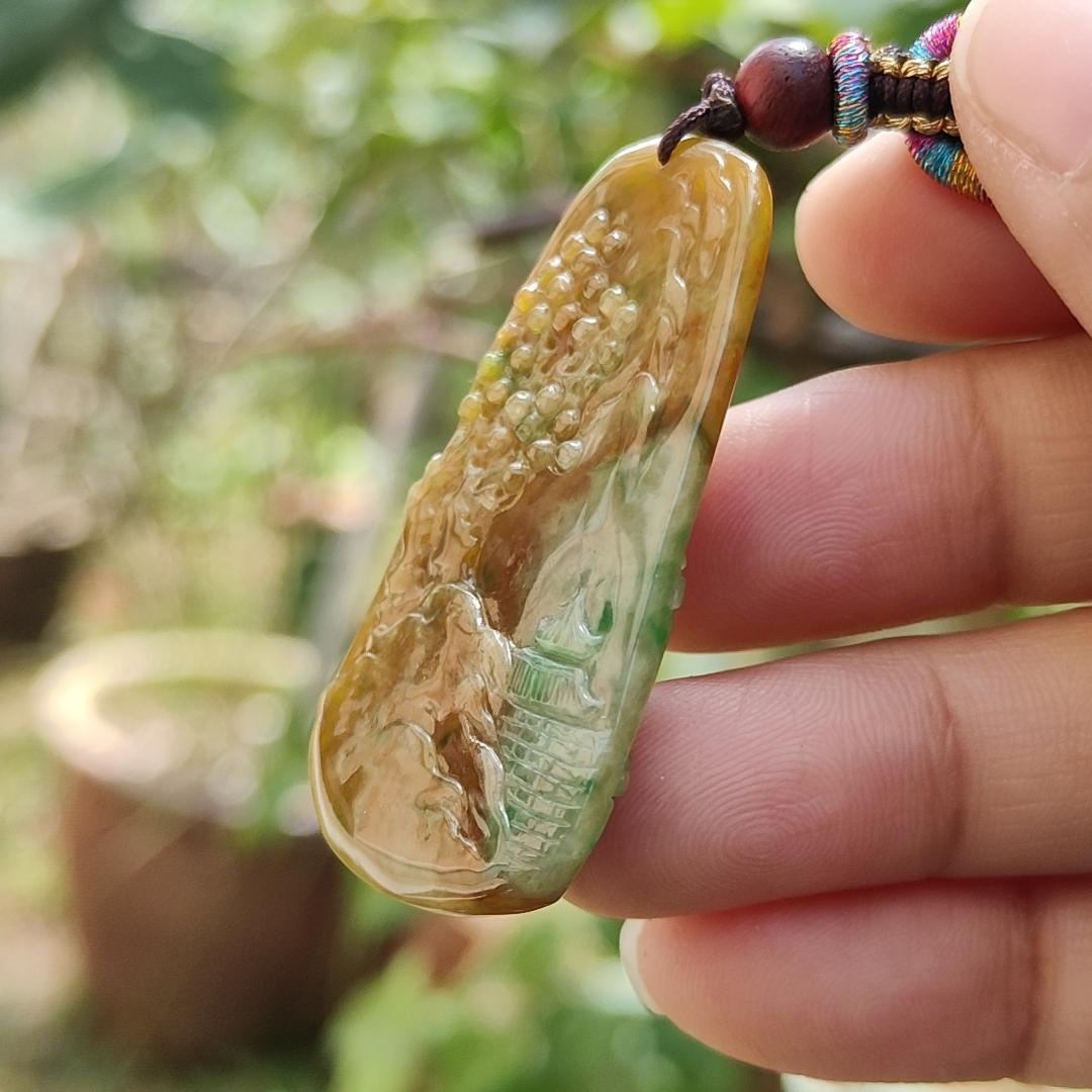 Rare quality Yellow with reddish brown and green Natural Type A Jadeite Jade crafted with sceneries as pendant, certificate weigh 11.38 grams, measurement 45.6 * 24.3 * 5.2 mm (pendant216) Yi Pin Qian