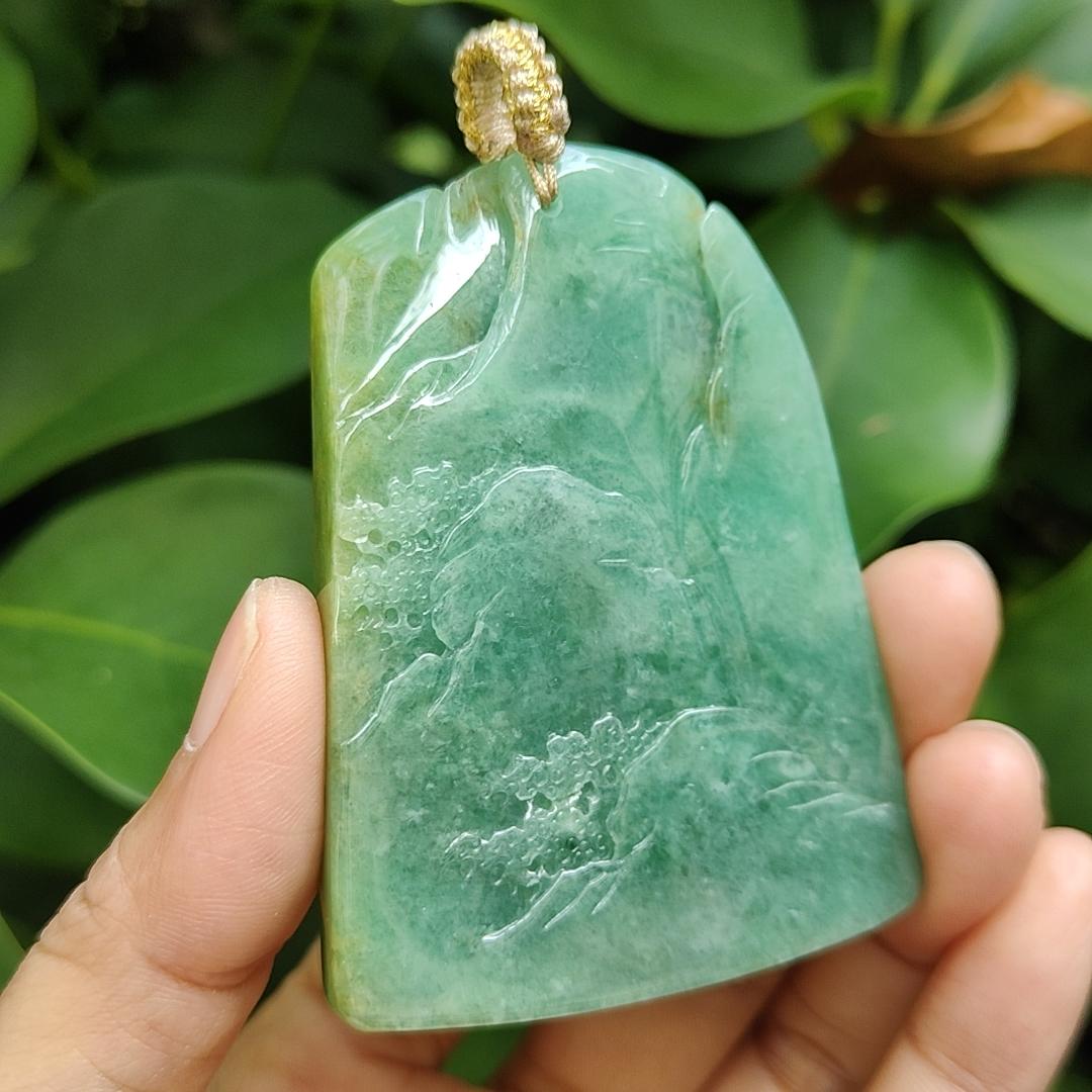 Big Jadeite-Jade, Green with Brown Natural Type A crafted with Sceneries as Pendant, Good for Fengshui, certificate weighs 76.47 grams, measurement 67.6 * 50 * 10.8 mm (pendant305) Yi Pin Qian Jadeites Jade Jewelry ~Your Precious Quintessential ~ Singapore