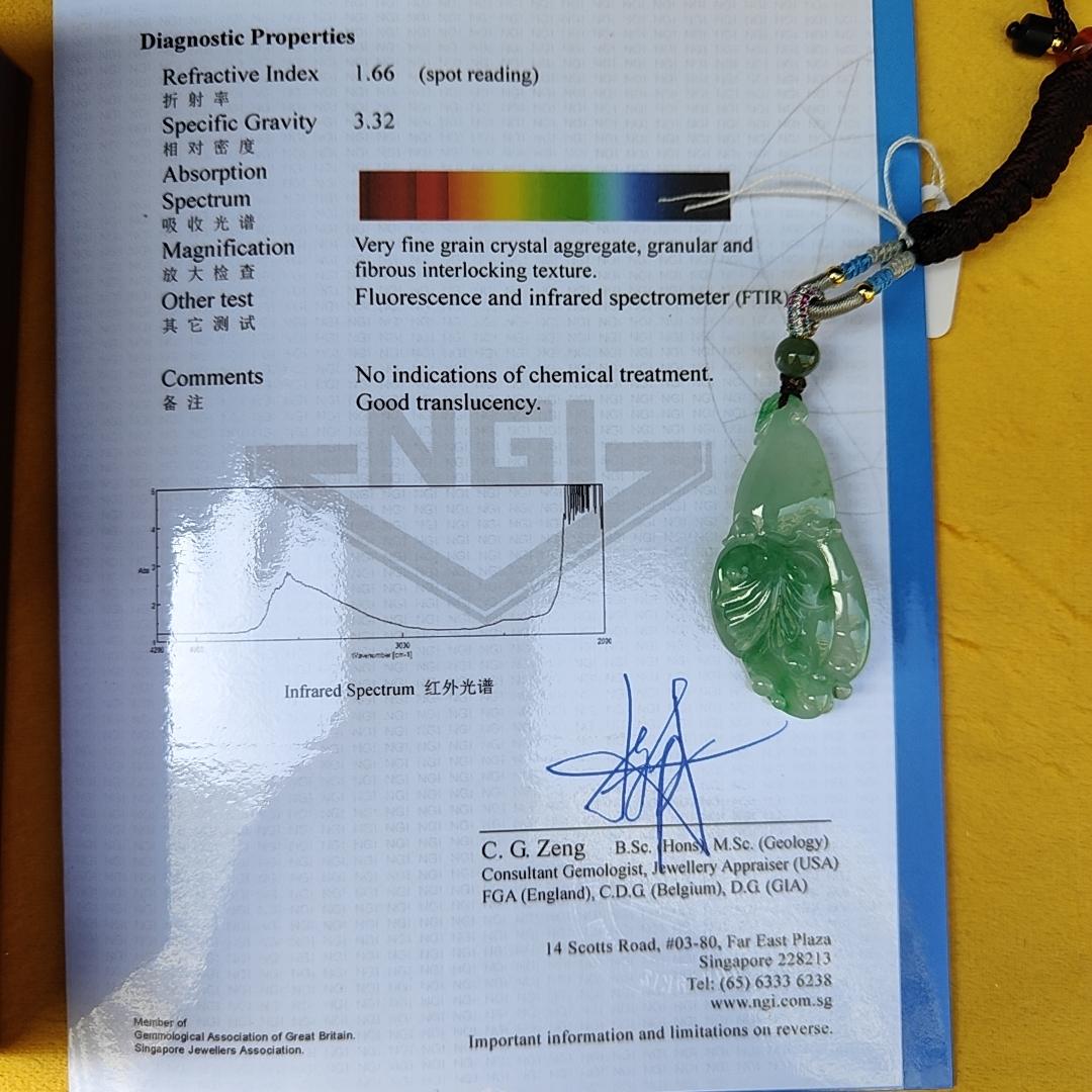 Very Beautiful Finger Citron Natural Type A Jadeite pendant jewelry with NGI Gemstone report weight 76.79 grams 52.83 * 24.26 * 9.38 mm - Highly Translucent very fine grain with patches of light green suffused to a paler ground (pendant151) Yi Pin Qian